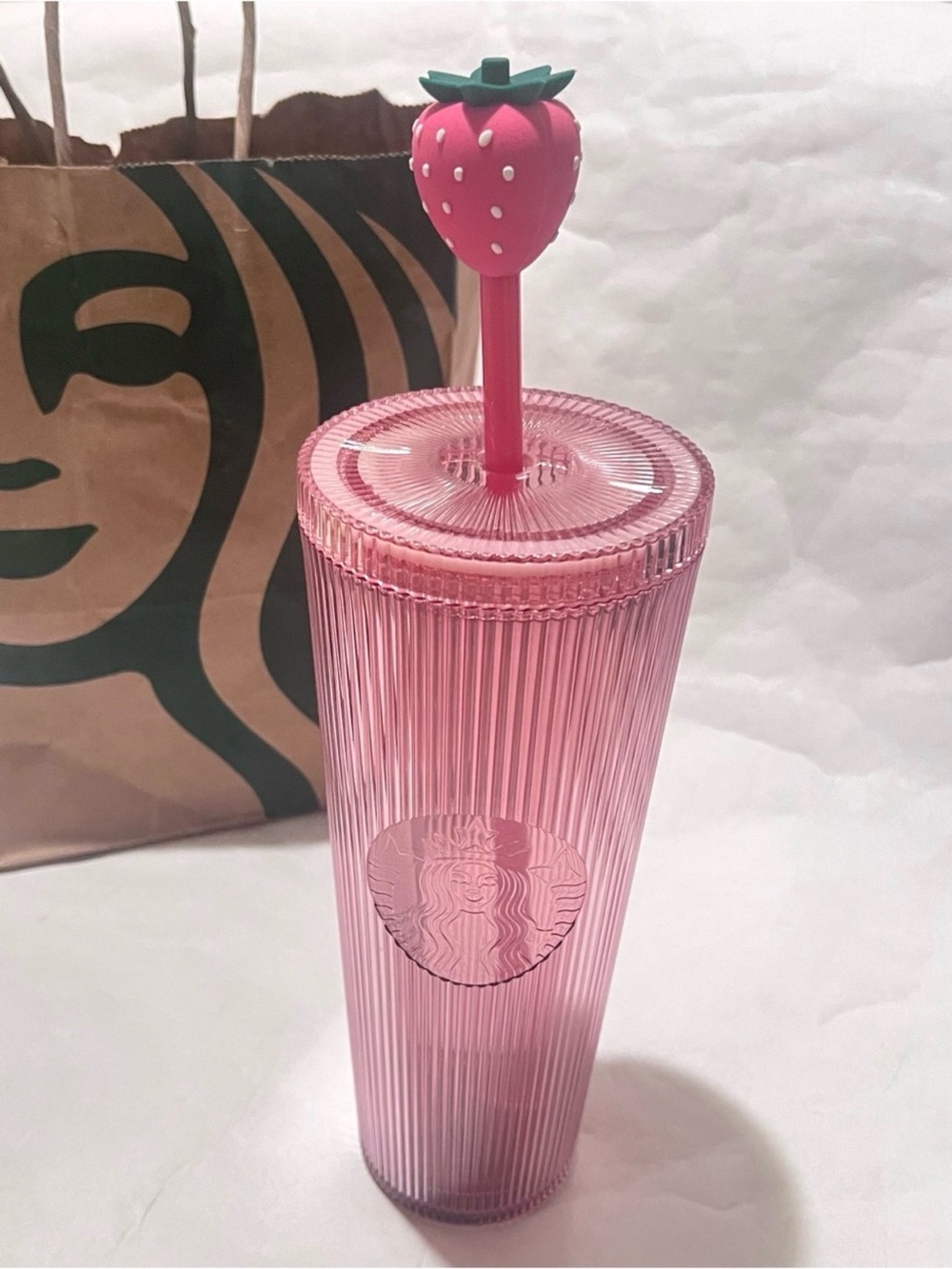 Starbucks Pink Ribbed Tumbler with Strawberry Charm Straw